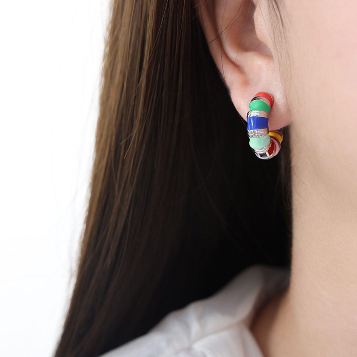 Titanium Steel Enamel Hoop Earrings Silver One Size