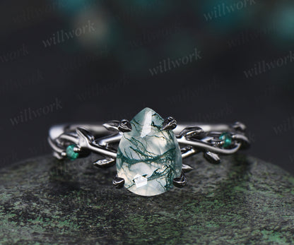 14K Black Gold Natural Green Moss Agate Emerald Engagement Ring Set Twig Vine Pear Moss Agate Wedding Ring Goth Black Promise Rings Anniversary gift 1pc engagement ring