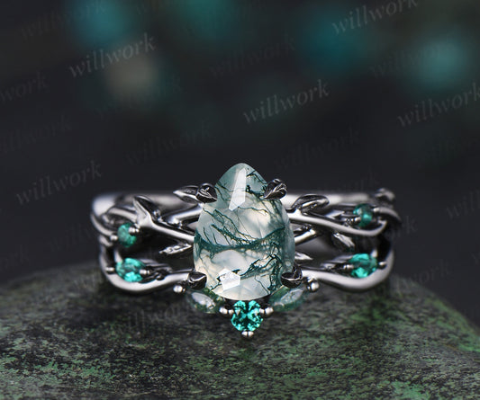 14K Black Gold Natural Green Moss Agate Emerald Engagement Ring Set Twig Vine Pear Moss Agate Wedding Ring Goth Black Promise Rings Anniversary gift 2PC ring set