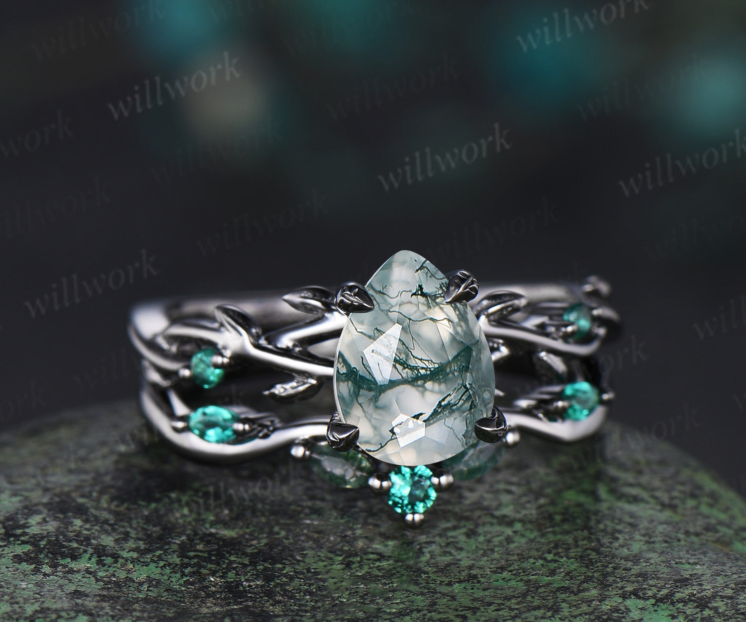 14K Black Gold Natural Green Moss Agate Emerald Engagement Ring Set Twig Vine Pear Moss Agate Wedding Ring Goth Black Promise Rings Anniversary gift