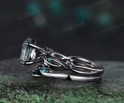 14K Black Gold Natural Green Moss Agate Emerald Engagement Ring Set Twig Vine Pear Moss Agate Wedding Ring Goth Black Promise Rings Anniversary gift