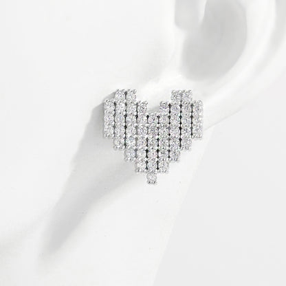 925 Sterling Silver Inlaid Zircon Heart Stud Earrings Silver One Size