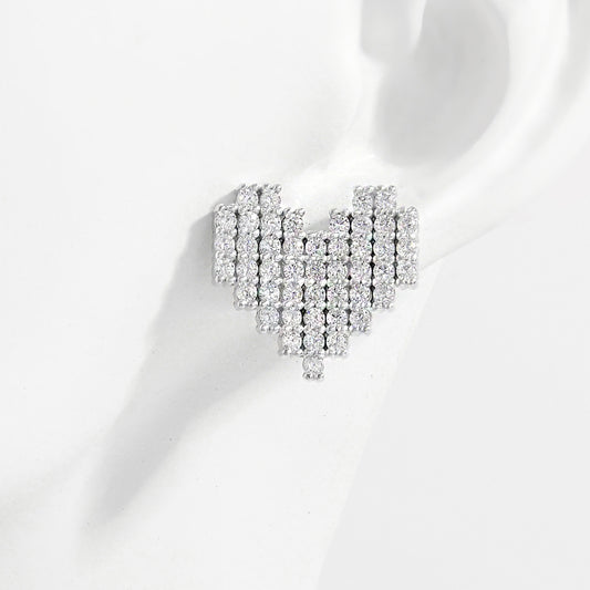 925 Sterling Silver Inlaid Zircon Heart Stud Earrings Silver One Size