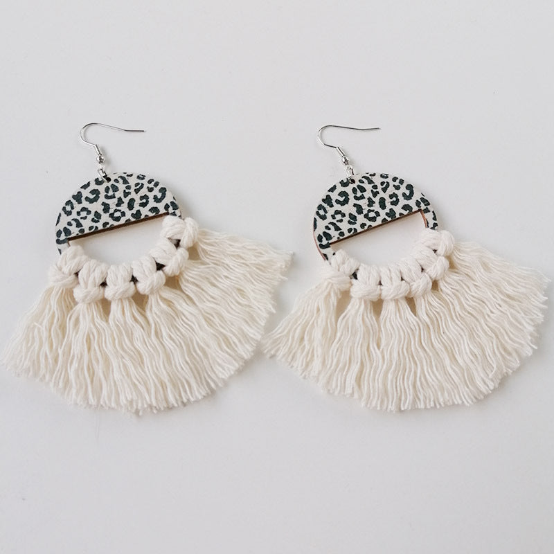 Tassel Detail Leopard Drop Earrings Ivory One Size