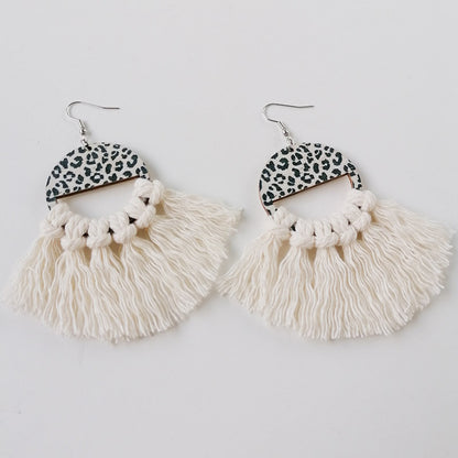 Tassel Detail Leopard Drop Earrings Ivory One Size