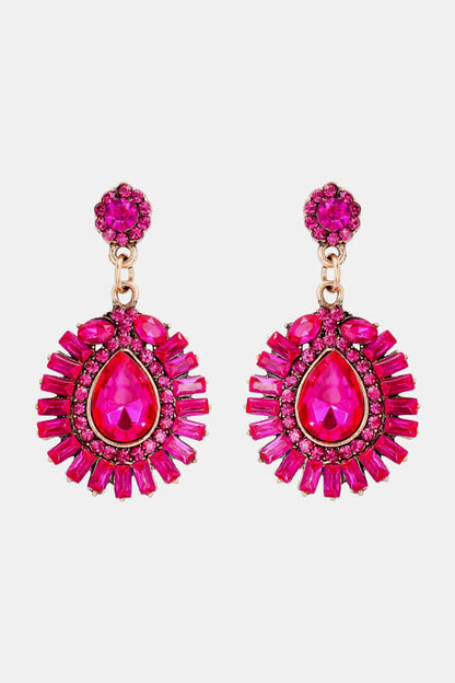 Teardrop Shape Glass Stone Dangle Earrings Hot Pink One Size