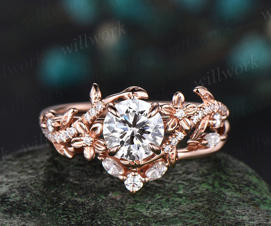 1 Carat Round IGI Lab Grown Diamond Ring 14k Rose Gold Flower Engagement Ring Set IGI Certified Diamond Wedding Ring Nature Entangled Vines Ring 2pc ring set