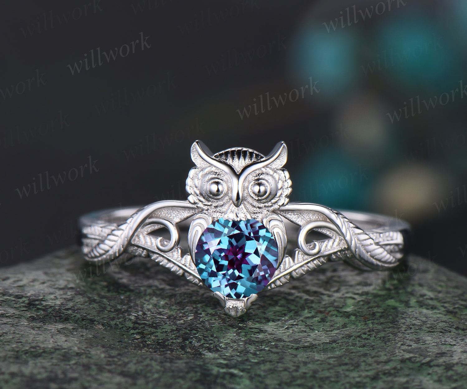 Unique Branch Twig Vine Owl Engagement Ring Round Color-Change Alexandrite Wedding Ring Cute Owl Antique Nature Inspired Alexandrite Jewelry - KONY'S CHARM LLC