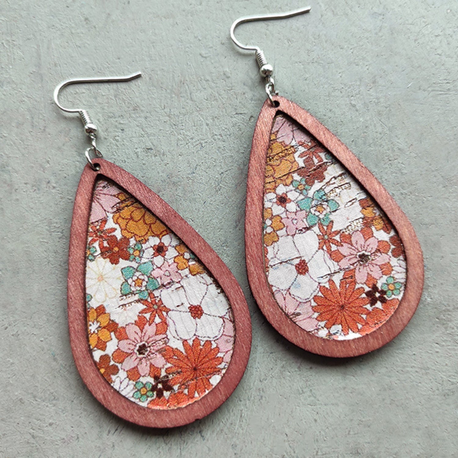 Floral Wood Teardrop Earrings Caramel One Size
