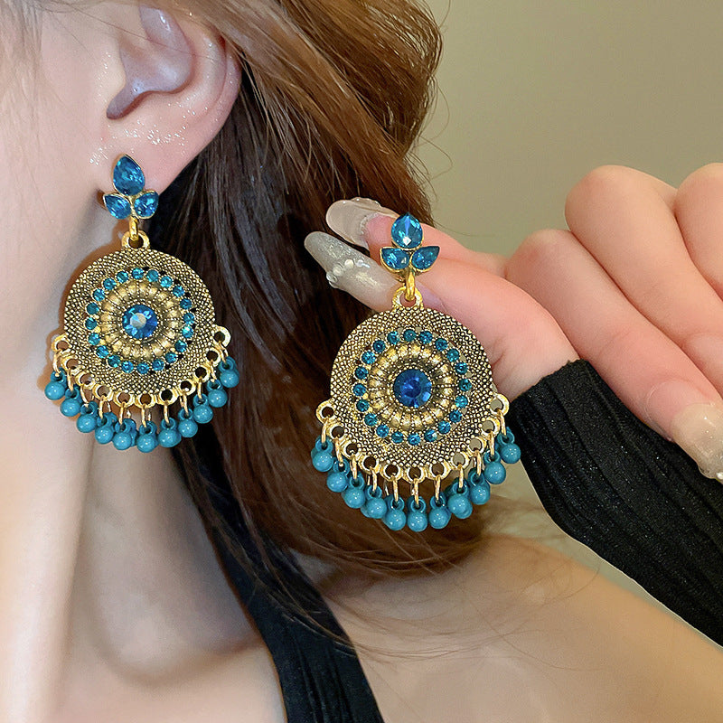Rhinestone Alloy Bead Dangle Earrings Cerulean One Size