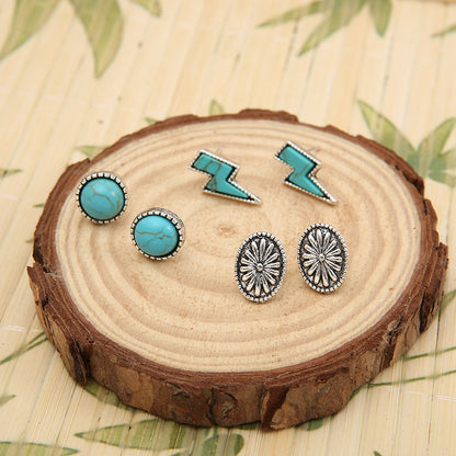 3 Piece Artificial Turquoise Stud Earrings Silver One Size
