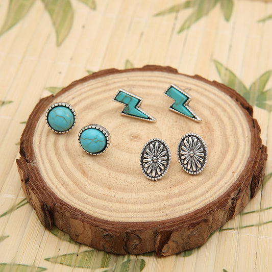 3 Piece Artificial Turquoise Stud Earrings Silver One Size
