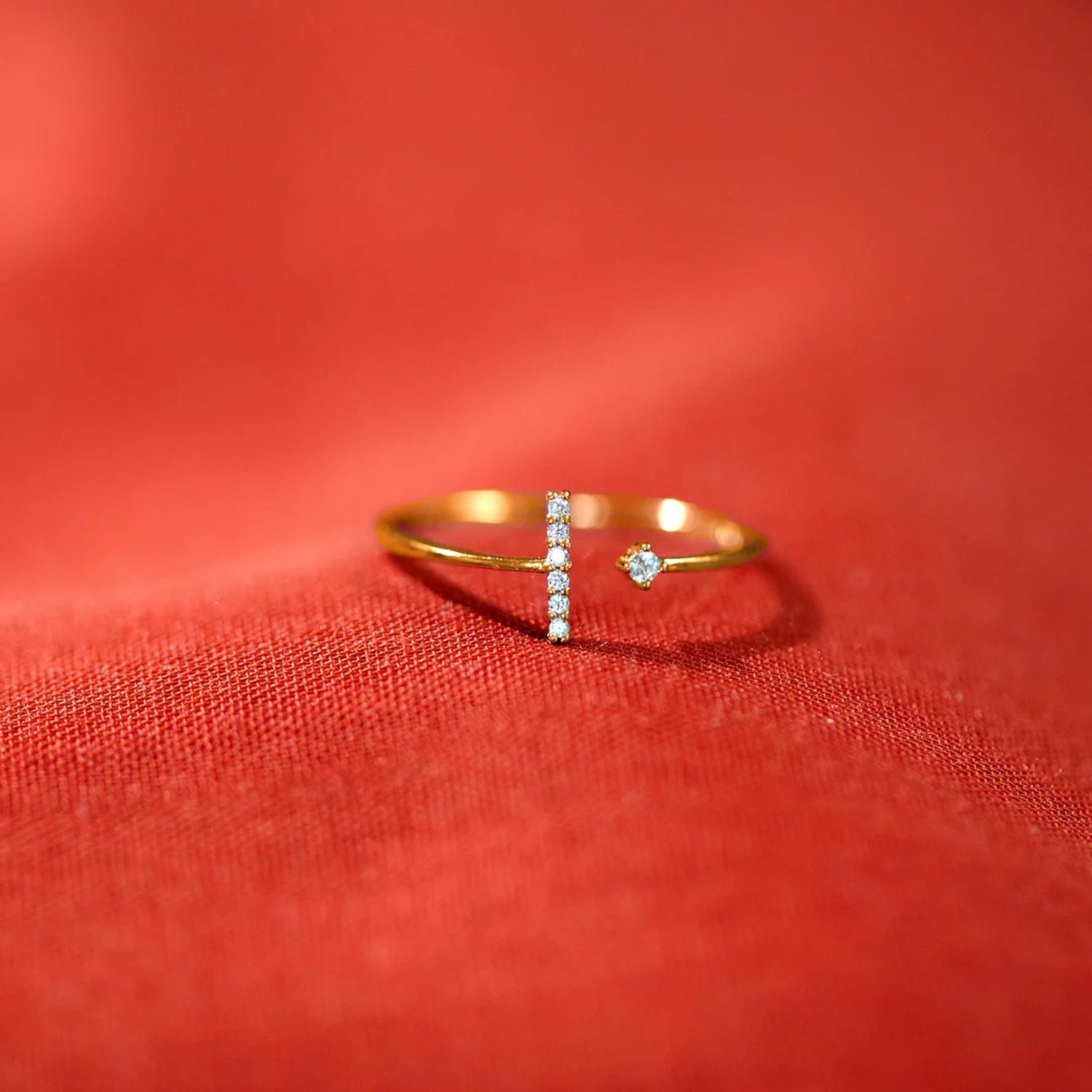 T Shape Inlaid Zircon 925 Sterling Silver Open Ring Gold 7