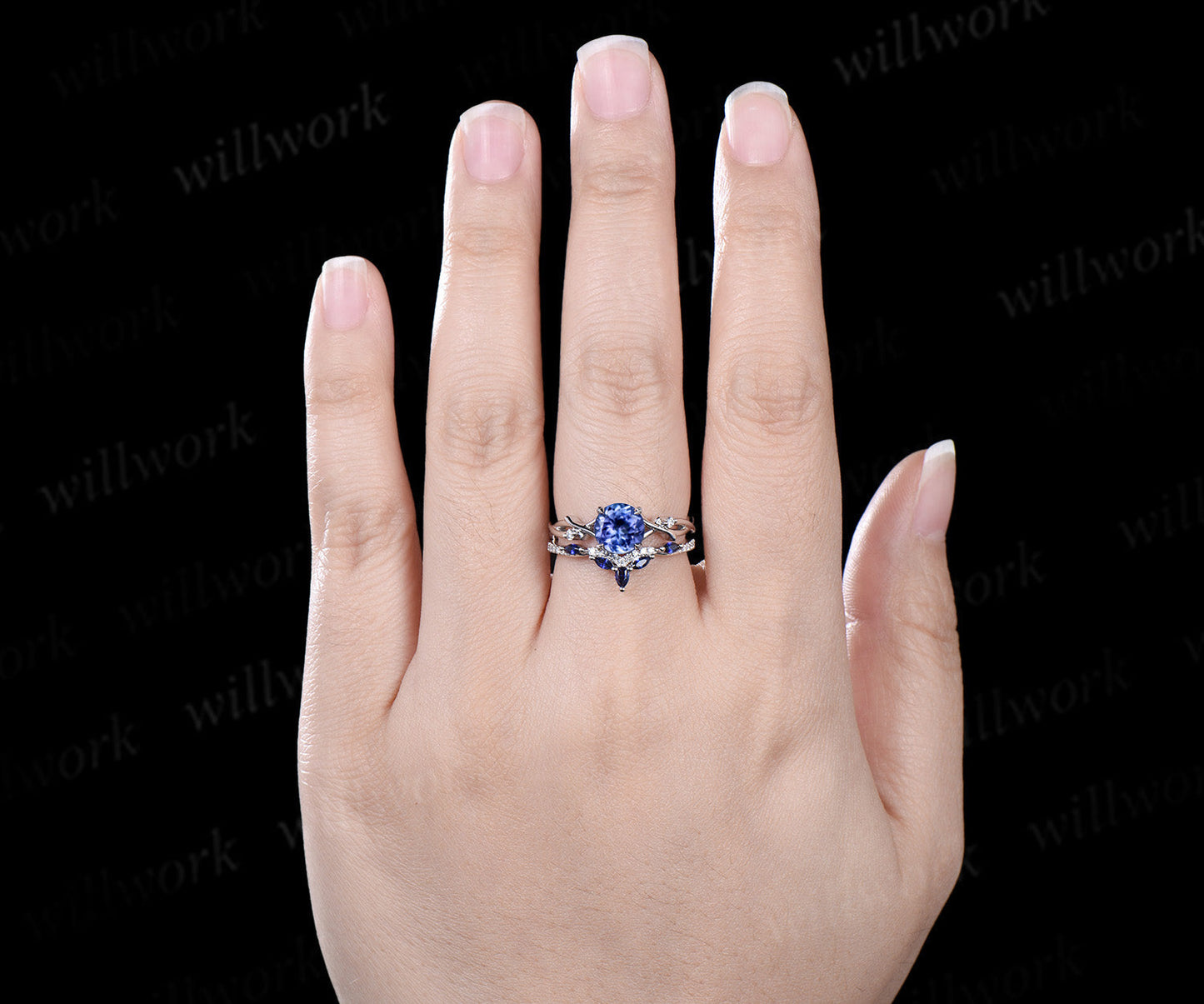 Round natural tanzanite engagement ring set art deco five stone twig moissanite ring curved sapphire wedding band birthstone jewelry