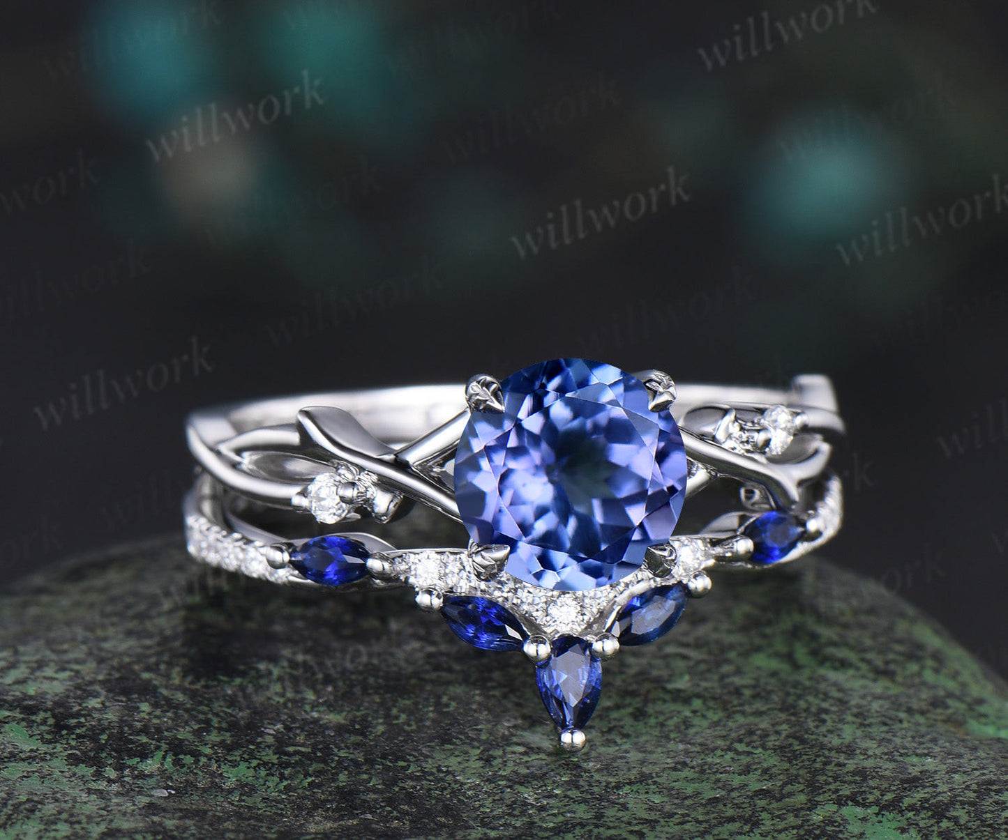 Round natural tanzanite engagement ring set art deco five stone twig moissanite ring curved sapphire wedding band birthstone jewelry
