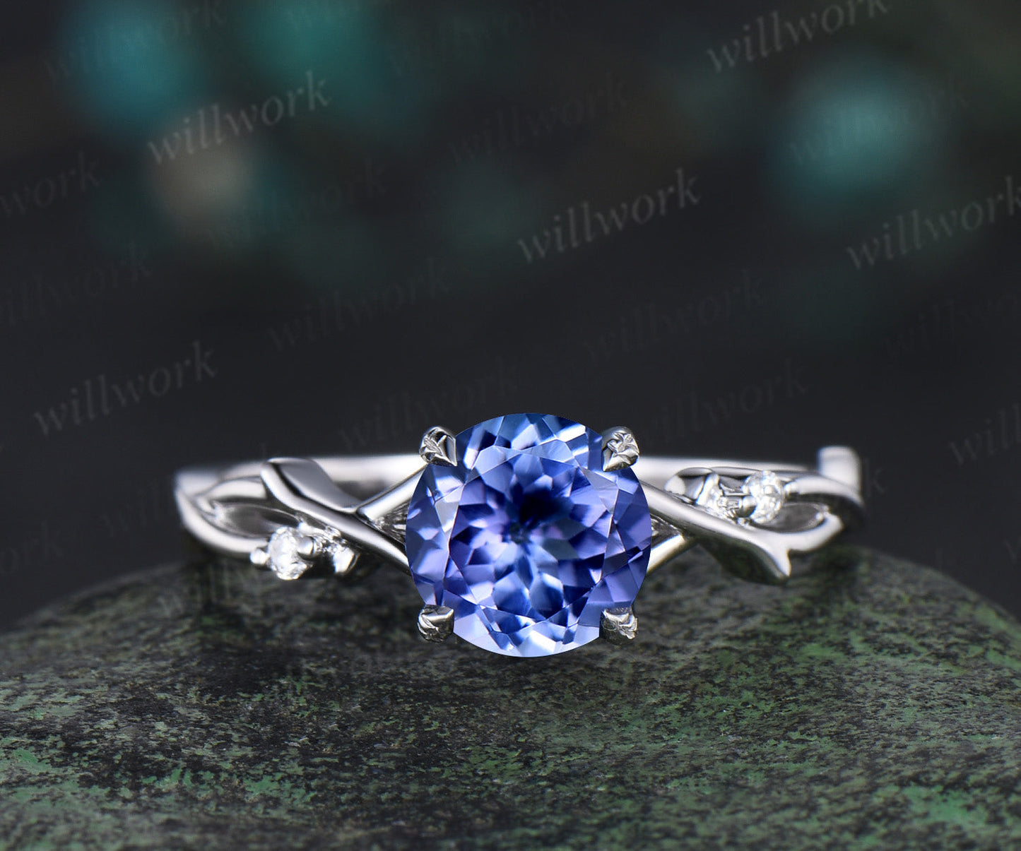 Round natural tanzanite engagement ring set art deco five stone twig moissanite ring curved sapphire wedding band birthstone jewelry