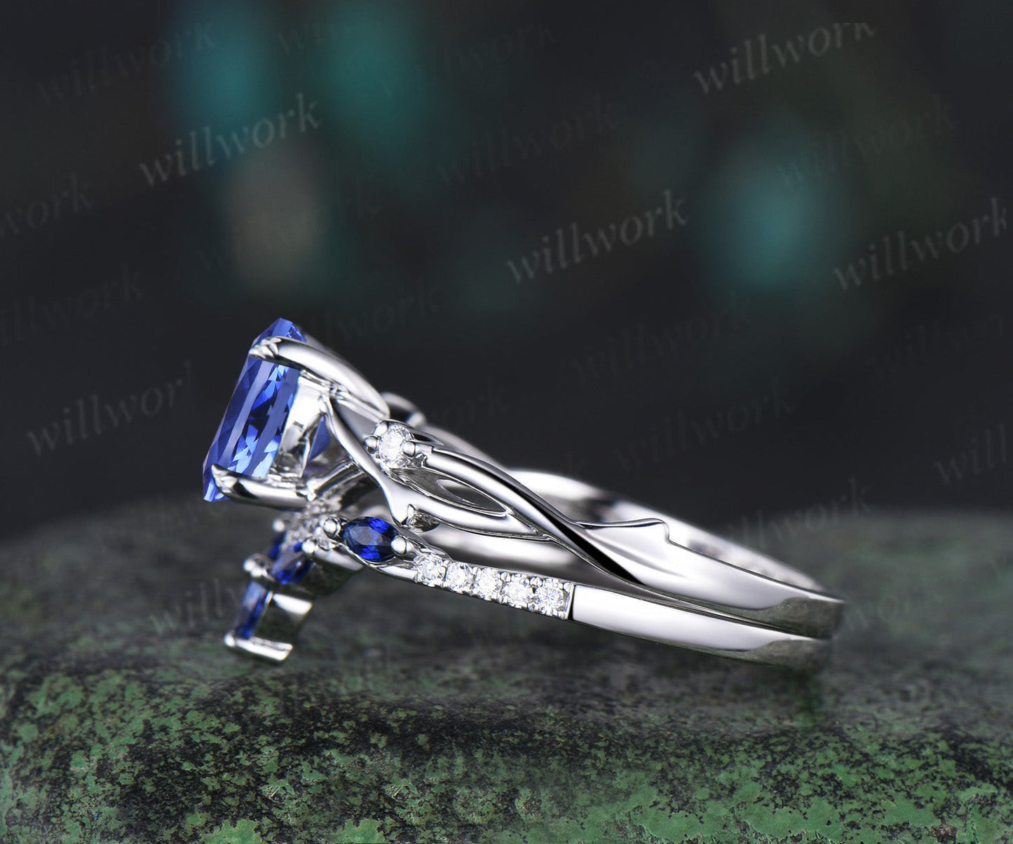 Round natural tanzanite engagement ring set art deco five stone twig moissanite ring curved sapphire wedding band birthstone jewelry