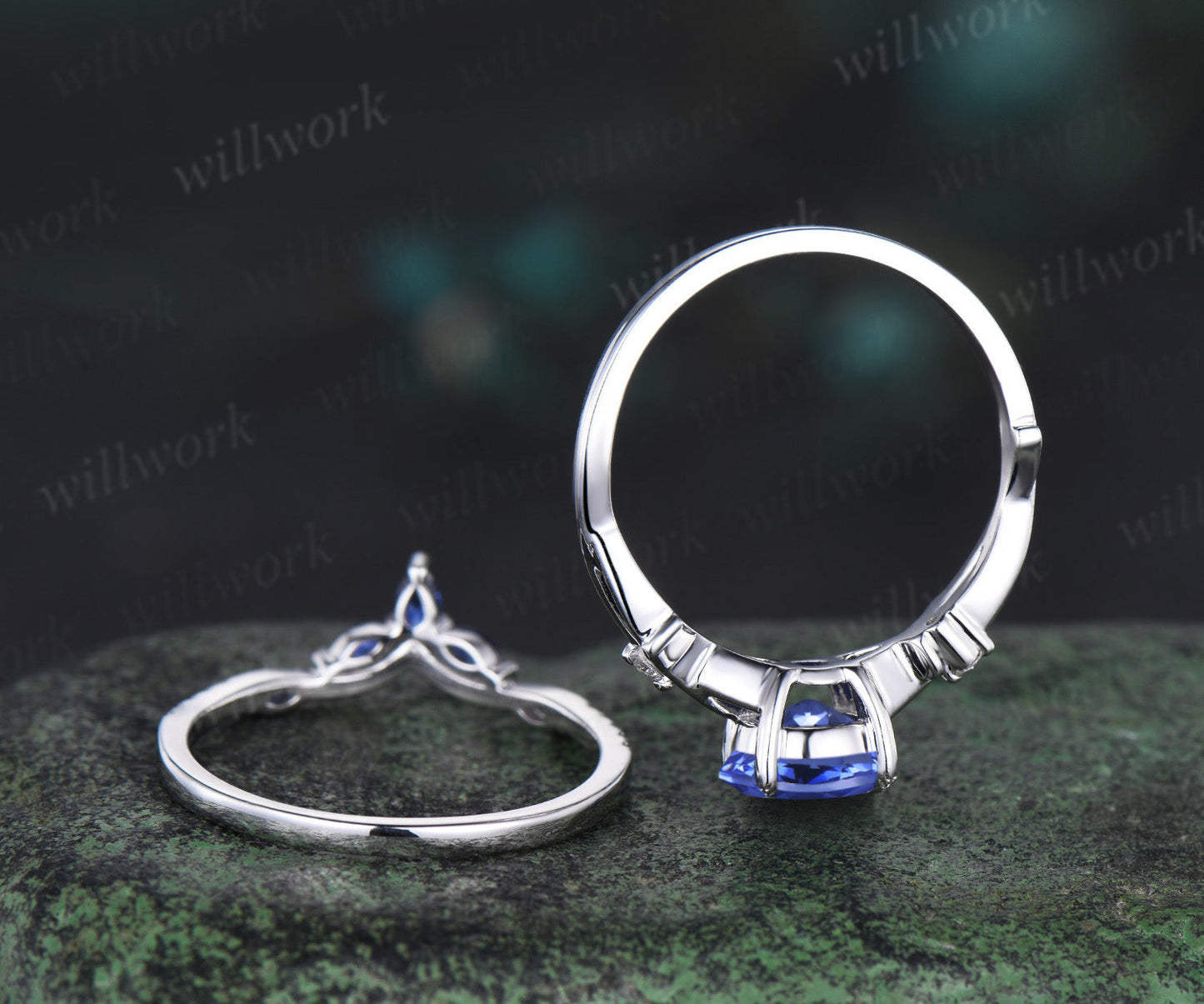 Round natural tanzanite engagement ring set art deco five stone twig moissanite ring curved sapphire wedding band birthstone jewelry