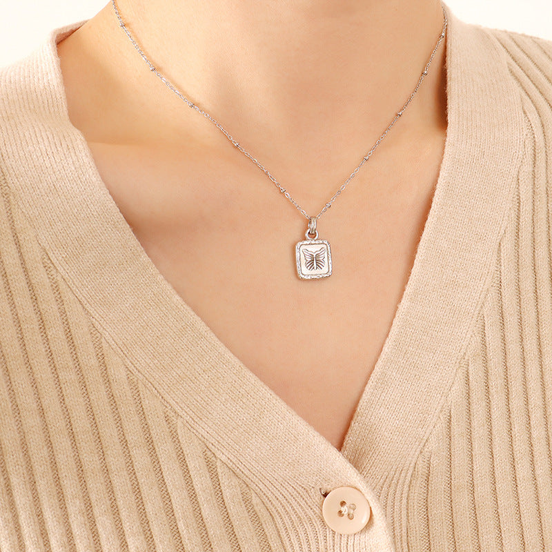 Butterfly Square Titanium Steel Pendant Necklace Silver One Size