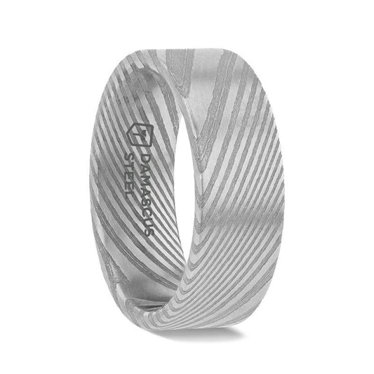 XANDER Grey Flat Brushed Damascus Steel Men’s Wedding Band with Vivid Etched Design - 6mm & 8mm 8mm