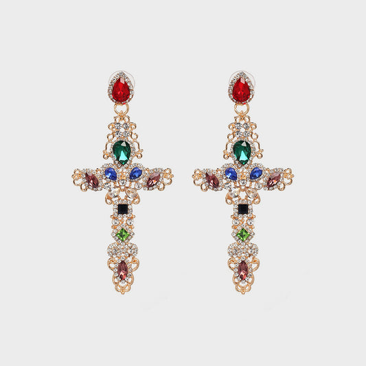 Rhinestone Alloy Cross Earrings Multicolor One Size