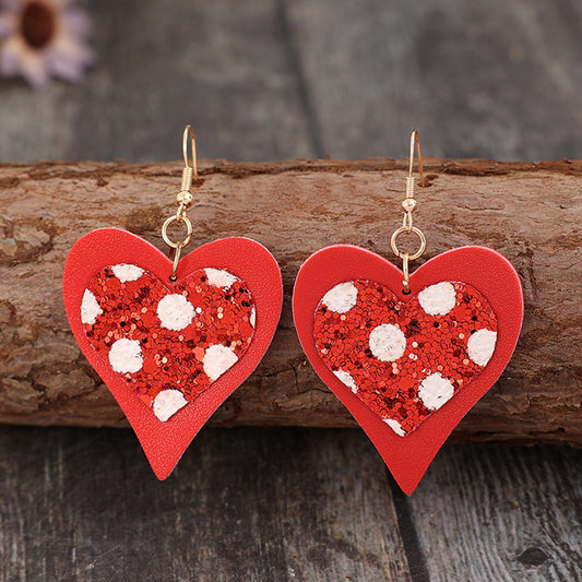Sequin Heart Leather Drop Earrings Red One Size