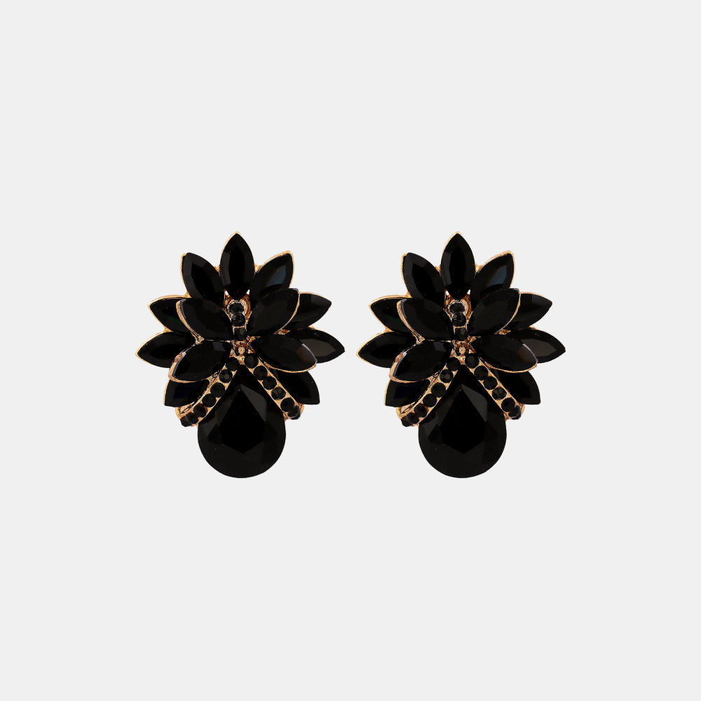 Flower Shape Glass Stone Stud Earrings Black One Size