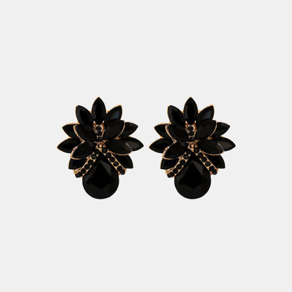 Flower Shape Glass Stone Stud Earrings Black One Size