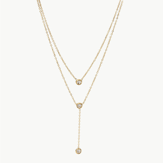 Stainless Steel Zircon Double-Layered Necklace Gold One Size