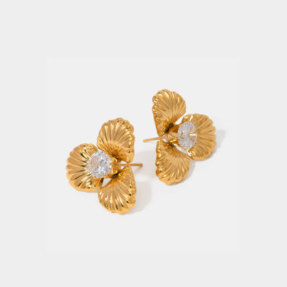 Stainless Steel Zircon Flower Shape Earrings Gold One Size