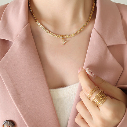 Brass Inlaid Zircon Letter Pendant Necklace Style Y One Size