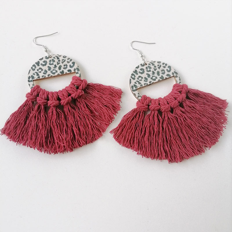 Tassel Detail Leopard Drop Earrings Deep Red One Size