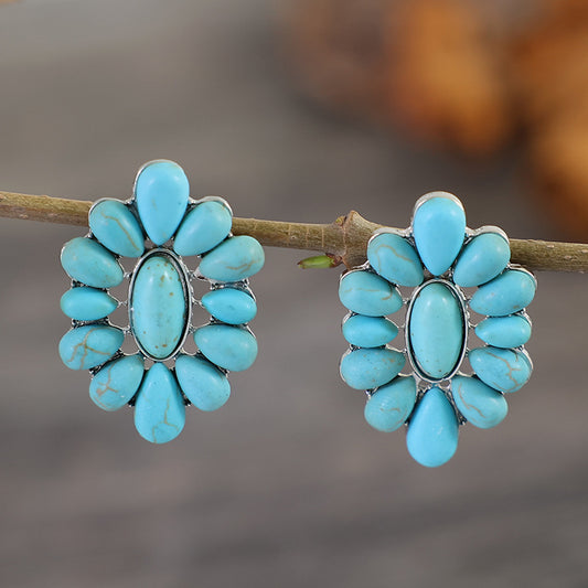 Flower Shape Artificial Turquoise Earrings Silver One Size