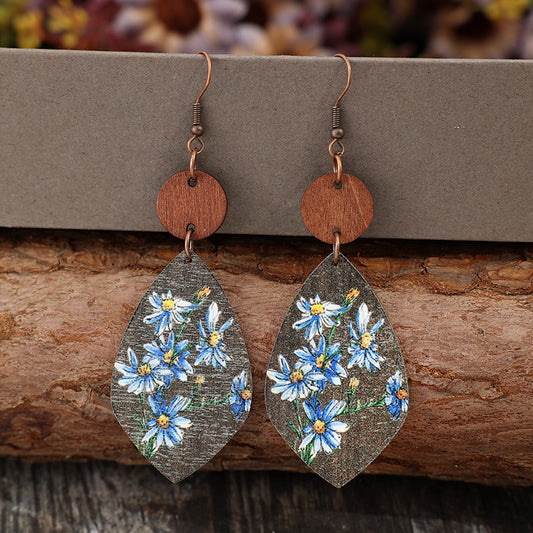 Flower Geometrical Shape Wooden Earrings Light Blue One Size