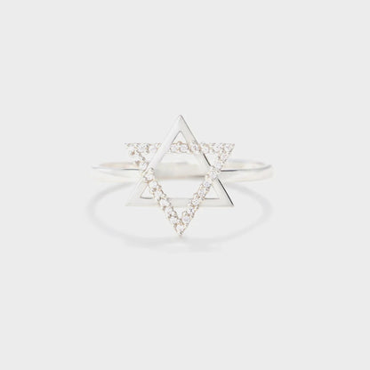 925 Sterling Silver Inlaid Zircon Hexagram Ring White