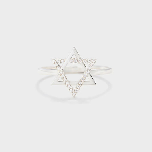 925 Sterling Silver Inlaid Zircon Hexagram Ring White