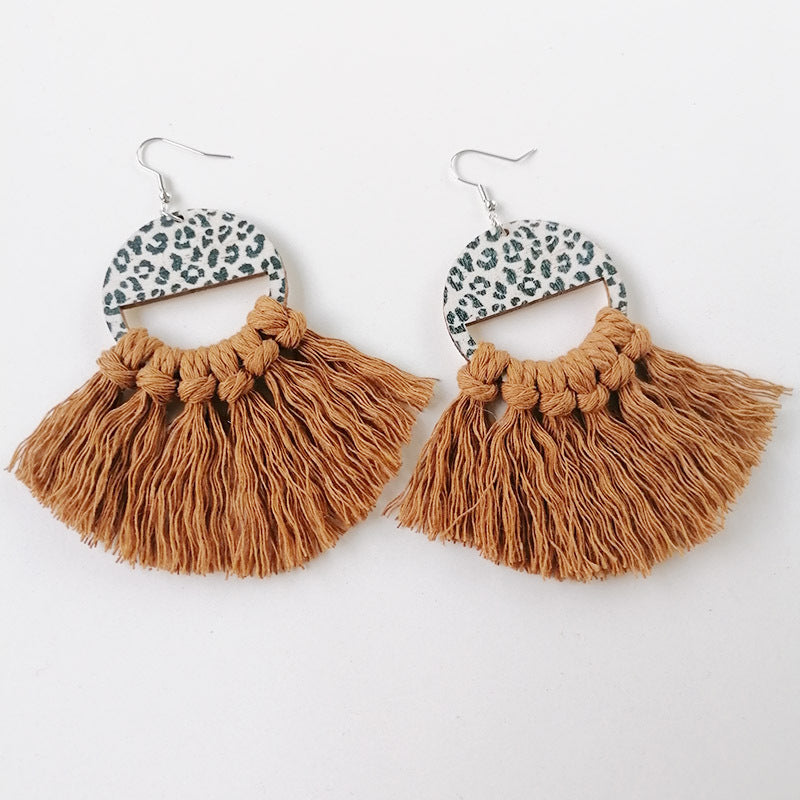 Tassel Detail Leopard Drop Earrings Mustard One Size