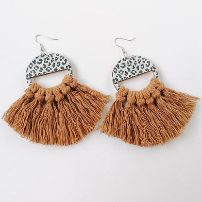 Tassel Detail Leopard Drop Earrings Mustard One Size