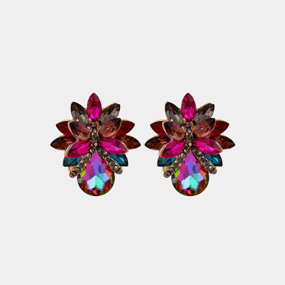 Flower Shape Glass Stone Stud Earrings Multicolor One Size