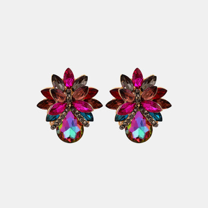 Flower Shape Glass Stone Stud Earrings Multicolor One Size