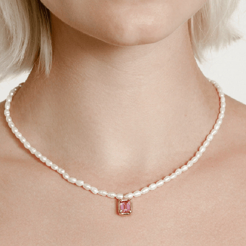 Copper Imitation Pearl Pendant Necklace Pink One Size