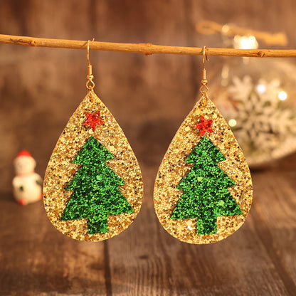 PU Leather Christmas Tree Earrings Gold One Size