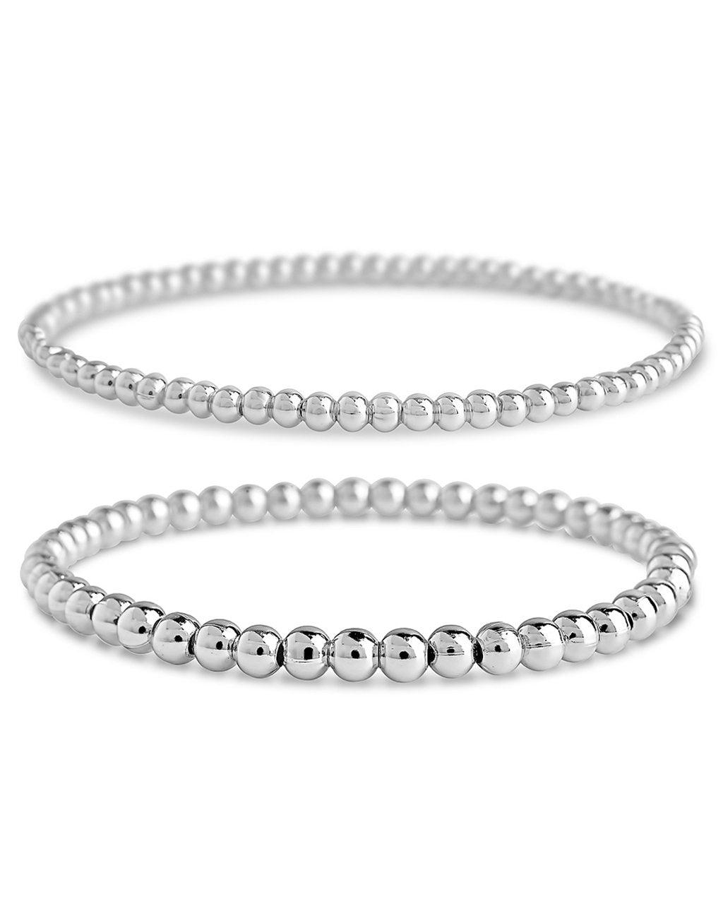 Sterling Silver Beaded Stretch Bracelet Sets Silver 2 Pc Set: 3mm 4mm