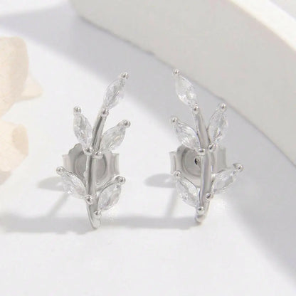 925 Sterling Silver Zircon Leaf Shape Earrings Silver One Size