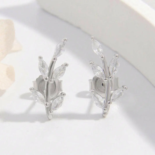 925 Sterling Silver Zircon Leaf Shape Earrings Silver One Size