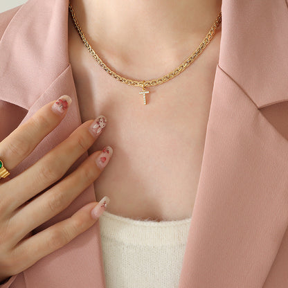 Brass Inlaid Zircon Letter Pendant Necklace Style T One Size