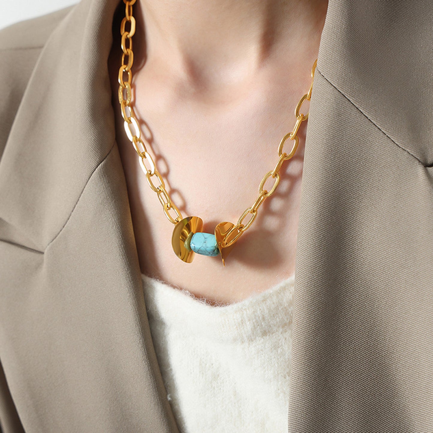 Natural Stone Pendant Titanium Steel Necklace Light Blue One Size