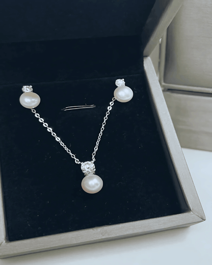 Best Trending Trendy Diamond Pearl Pendant Necklace + Pearl Stud Earrings Jewelry Bundle Set Jewelry Gift on Sale for Women, Lady, Mother, Wife