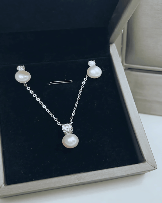 Best Trending Trendy Diamond Pearl Pendant Necklace + Pearl Stud Earrings Jewelry Bundle Set Jewelry Gift on Sale for Women, Lady, Mother, Wife