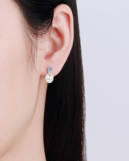 Diamond Pearl Pendant Necklace + Pearl Stud Earrings Jewelry Bundle Set